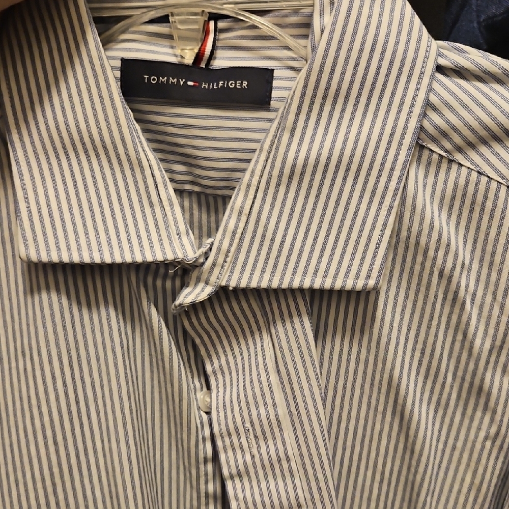 Tommy Hilfiger Blue and White Dress Shirt with Stripes